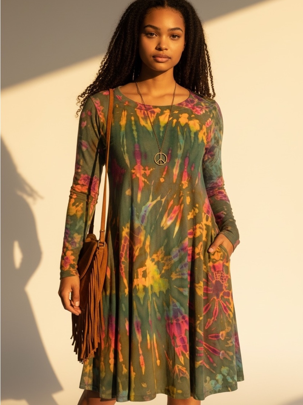 Kathmandu Olive Green Tie-Dye Long Sleeve Dress